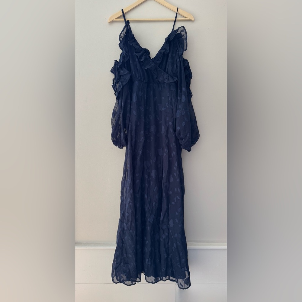 NWT Lulus Pleasant Aura Navy Blue Floral Burnout Cold-Shoulder Maxi Dress - Picture 3 of 5